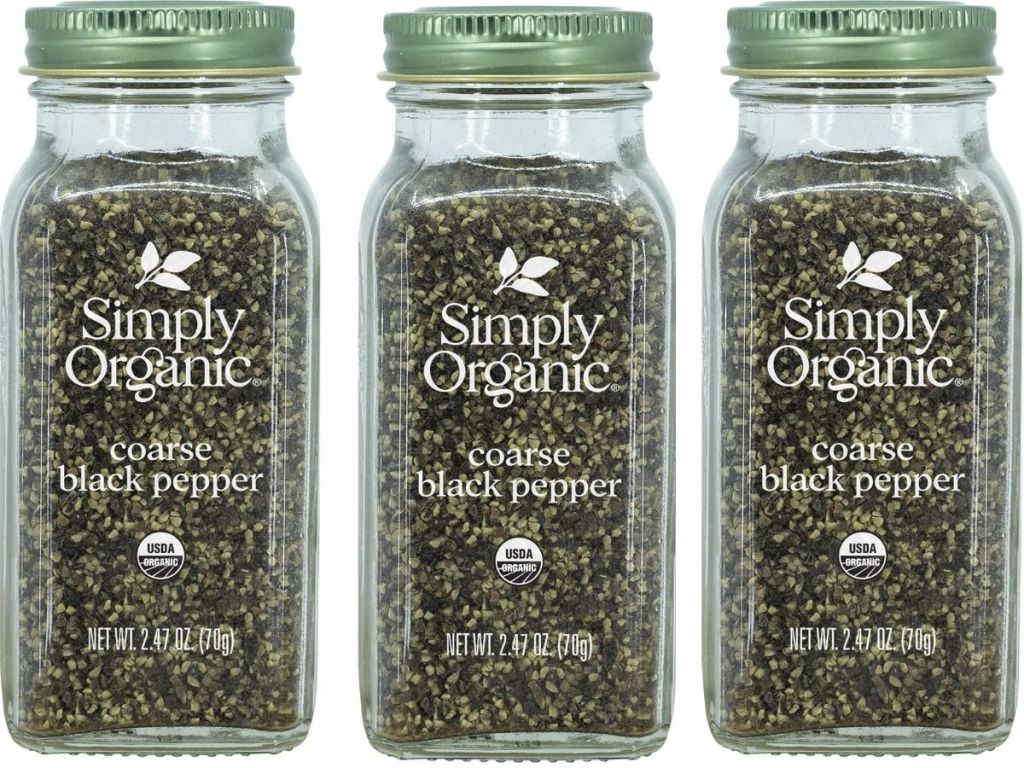 3 glass jars of Simply Organic Course Black Pepper