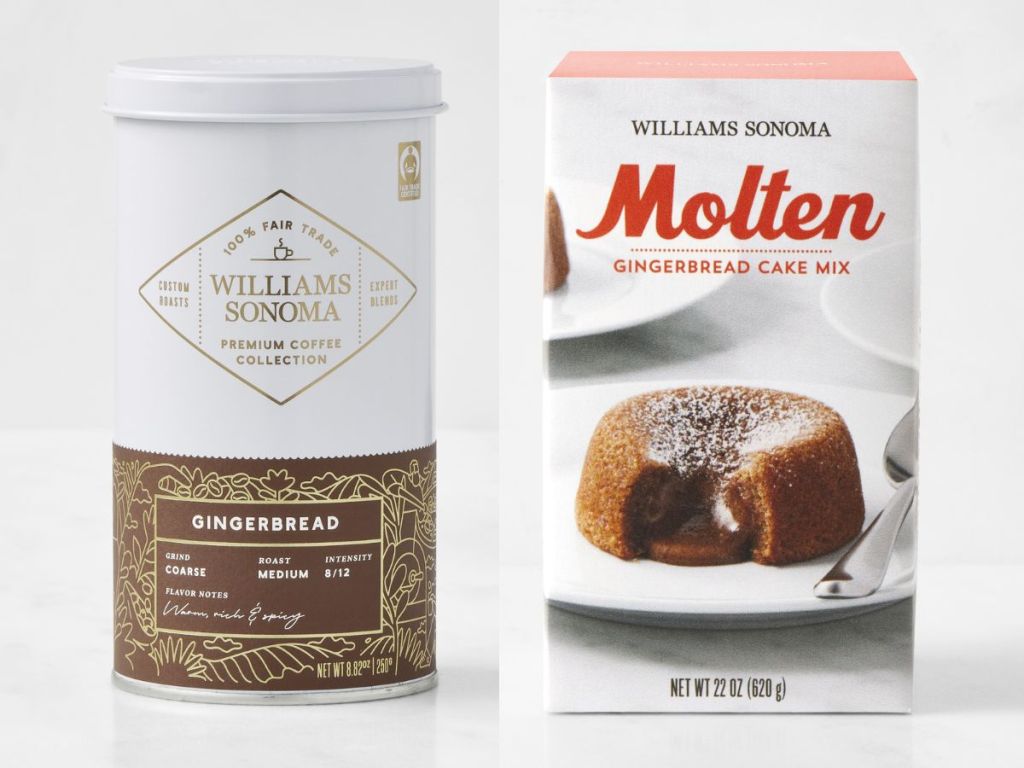 canister of Williams Sonoma Gingerbread coffee and box of Gingerbread Molten Lava Cake