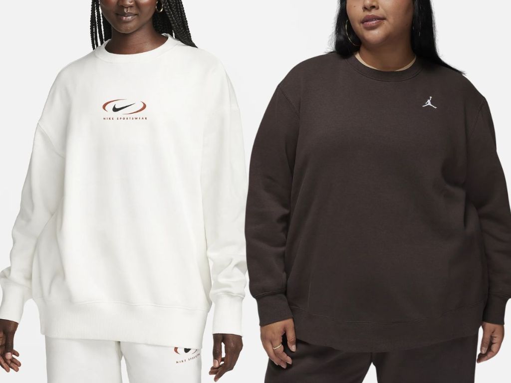 woman wearing a white Nike sweatshirt and plus size woman wearing a black Nike sweatshirt