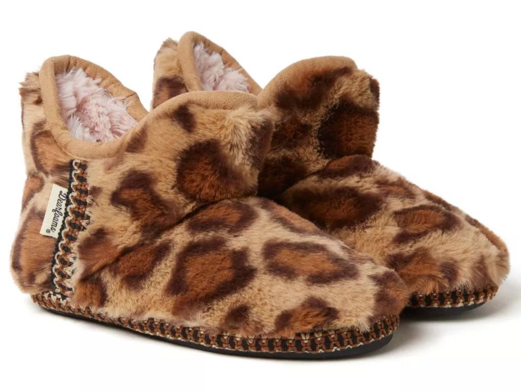 pair of leopard print kid's Dearfoams bootie slippers