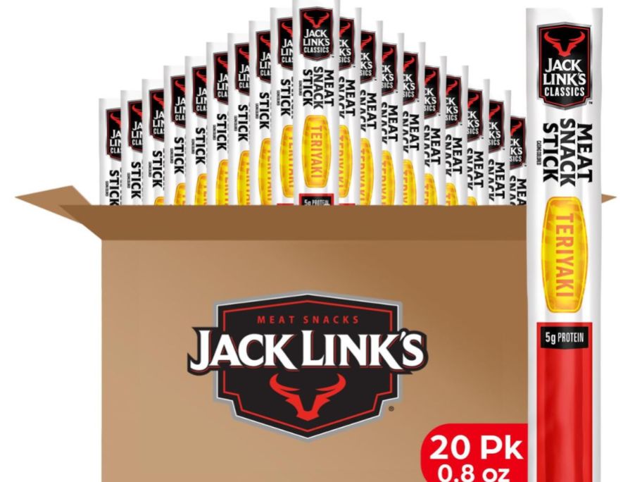 box of Jack Link's Beef Sticks with 20 sticks and 1 in front