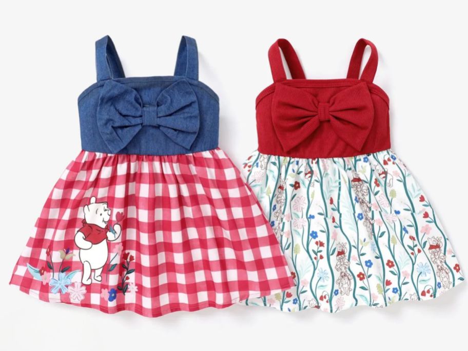 Toddler girl's Winnie the Pooh Dresses in red, white gingham and denim and in red with a floral skirt