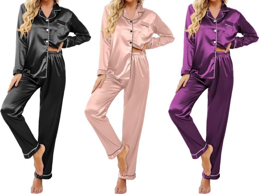 AherBiu Pajamas Sets for Women 2 Piece Outfits Satin Pajamas Long