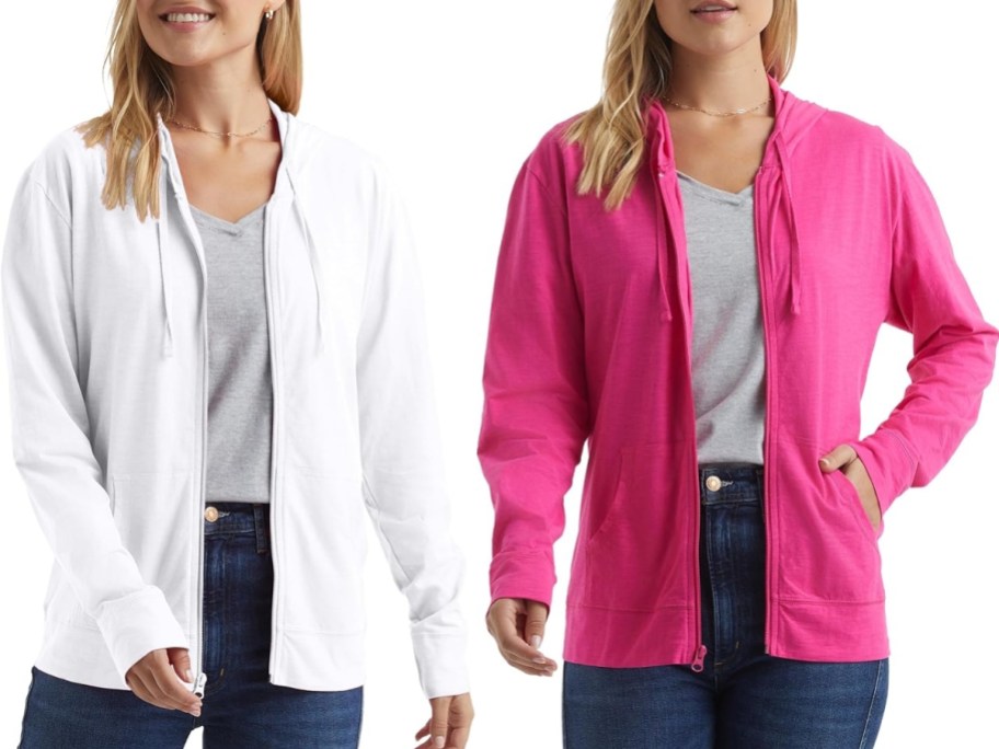 women wearing white and pink hanes zip up hoodies with grey tshirts and jeans