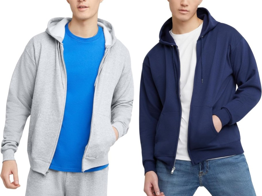 men wearing grey and navy zip up hoodies with tshirts and pants