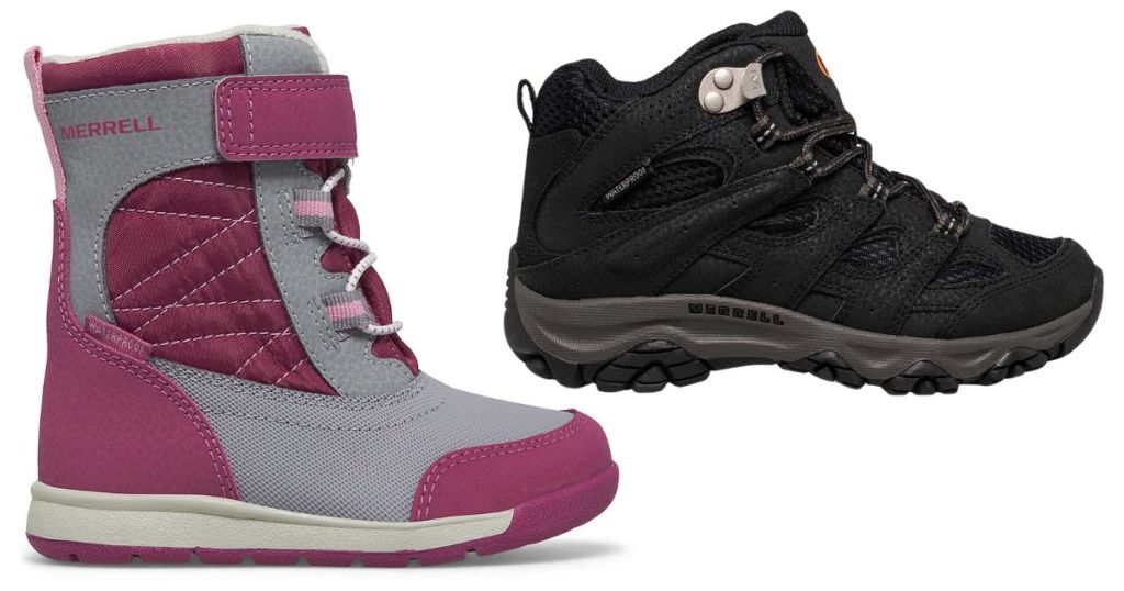 pink and grey kid's Merrell Snow Boot and Black mid top kid's boot