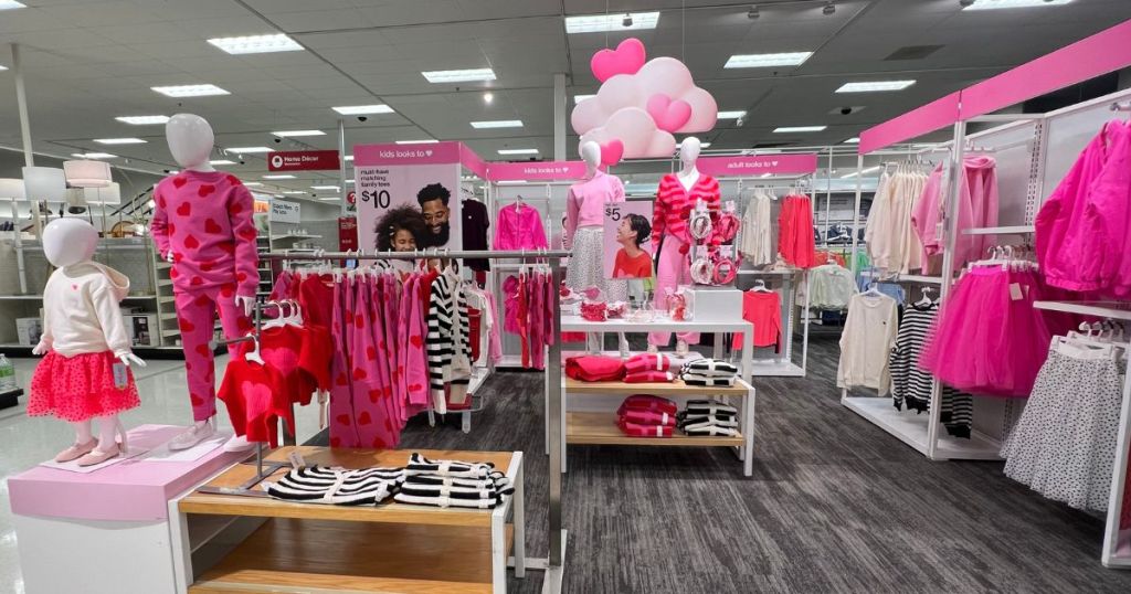 Target Valentine's Clothing Display area in store showing kids, womens and adults Valentine's day clothing