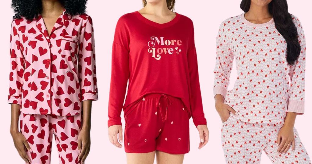 3 women wearing different red and pink hearts Valentine's themed pajamas