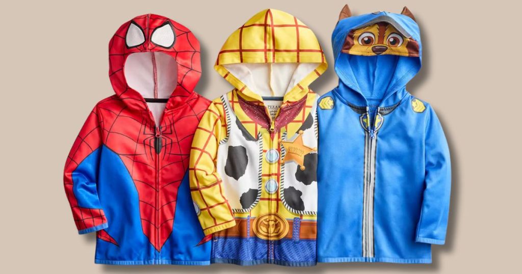 kid's character hoodies laid out - Spiderman, Woody from Toy Story, Chase from Paw Patrol