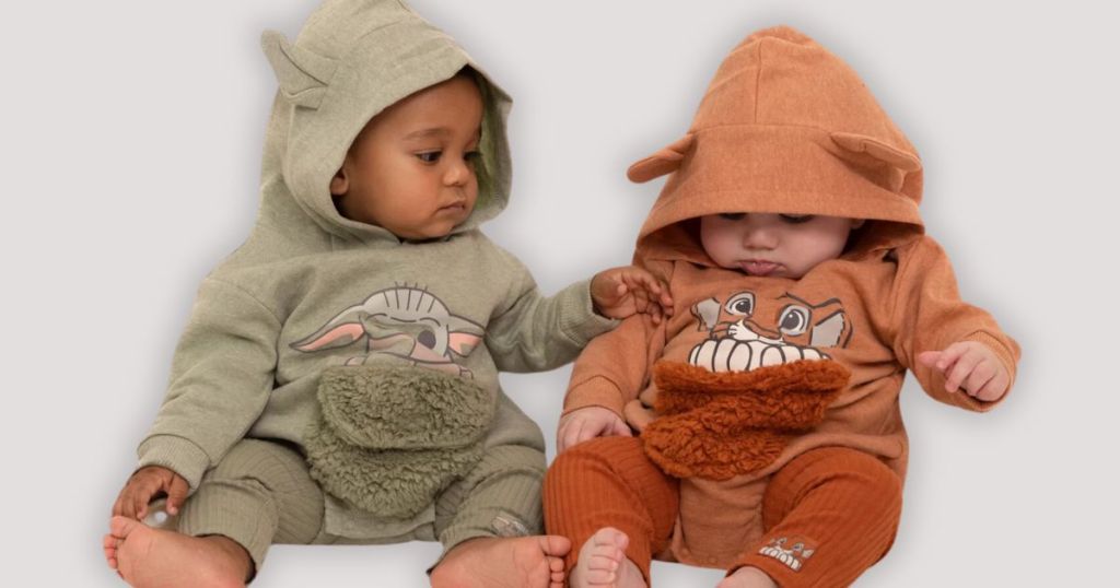 2 babies wearing Disney 2 pc outfits with hooded bodysuits and pants - 1 with Grogu and 1 with Simba