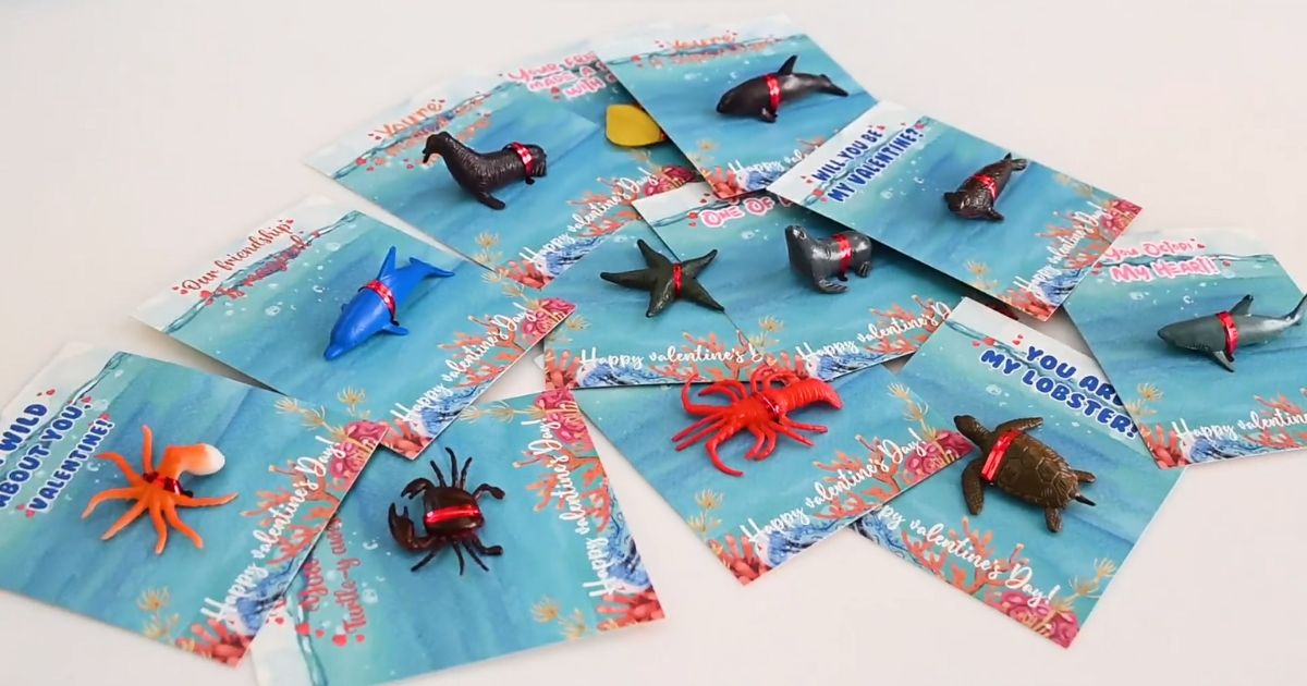 kid's Sea Life Valentine's Cards with little Sea Life creature toys attached