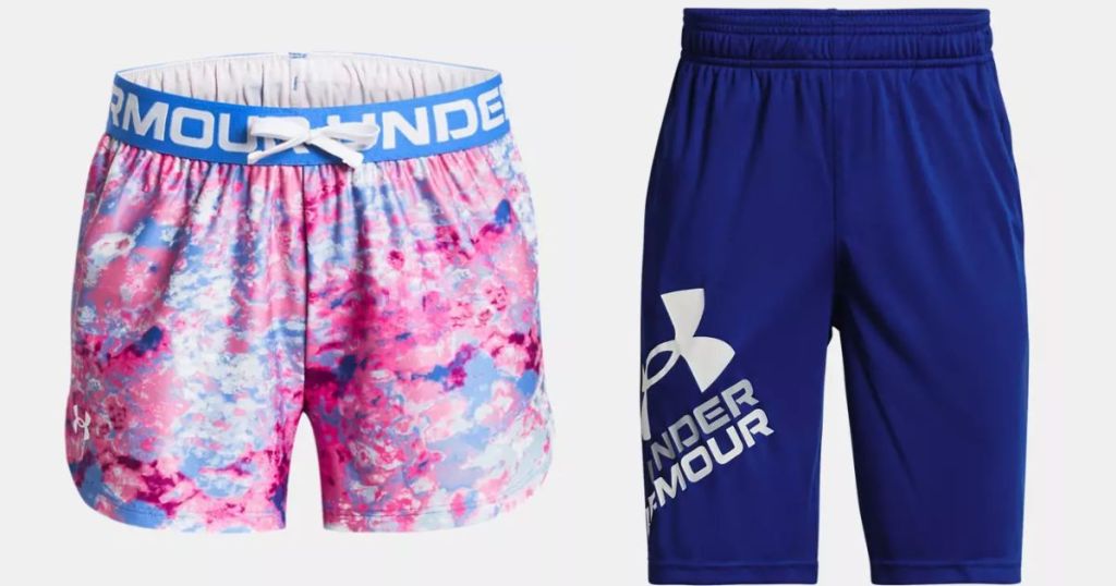 colorful girl's Under Armour shorts and blue boy's Under Armour shorts