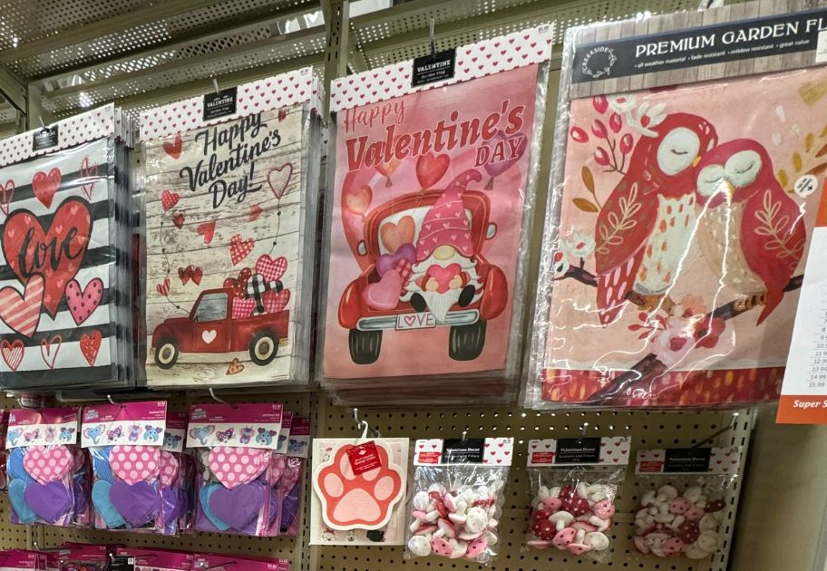 Valentine's Day Garden flags on shelf at Hobby Lobby