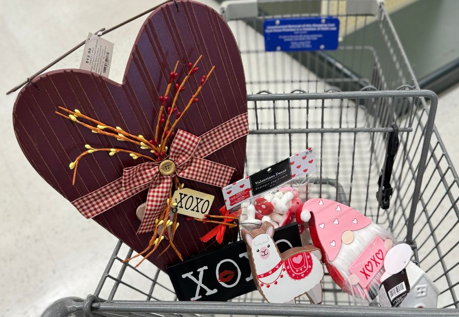 shopping cart with valentine's decor items