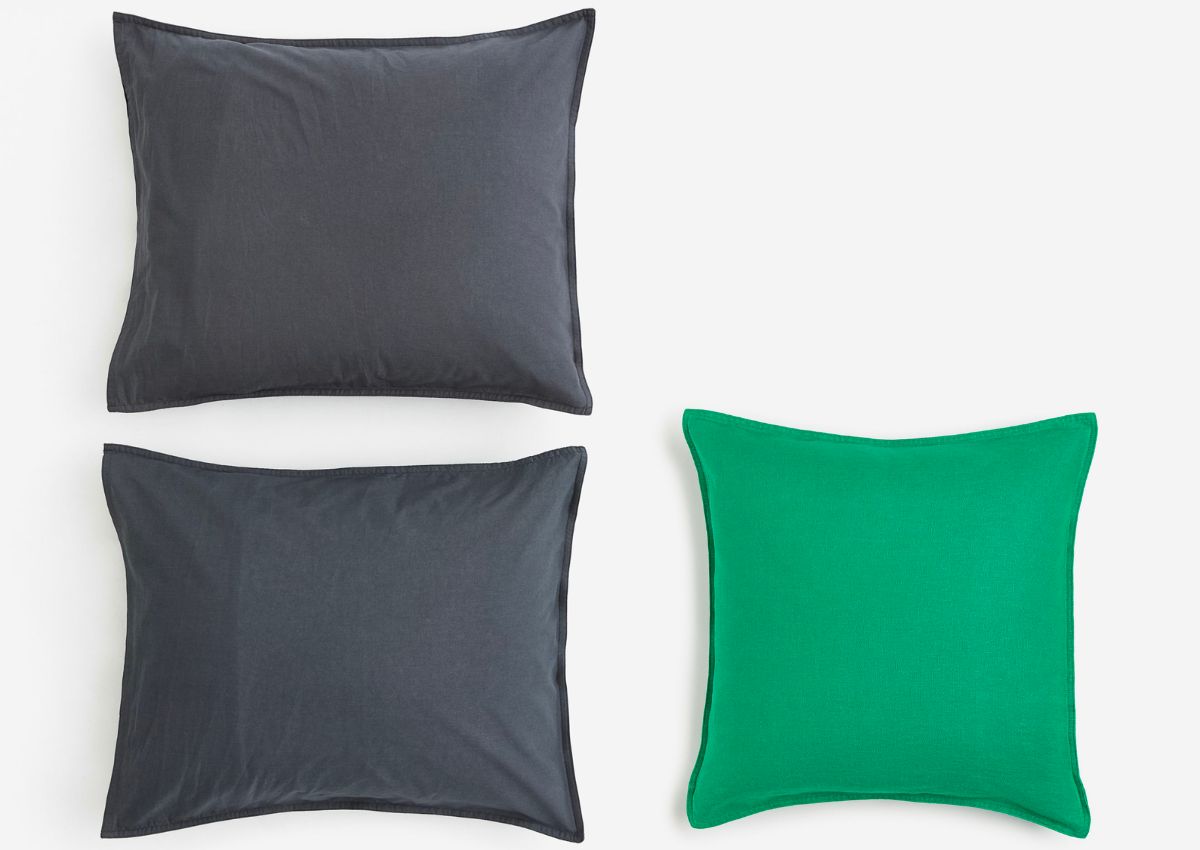 H&amp;M 2-Pack Standard Cotton Pillowcases in Dark Gray and green washed linen 20