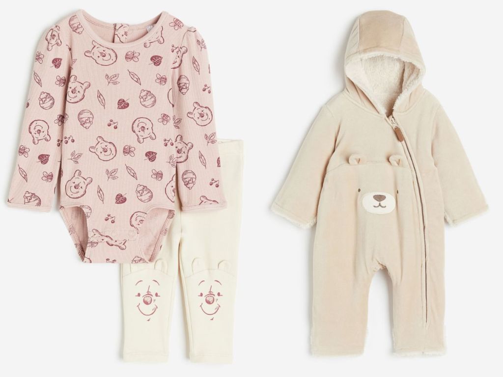 baby winnie the pooh outfit and velour hooded one piece set with bear on it