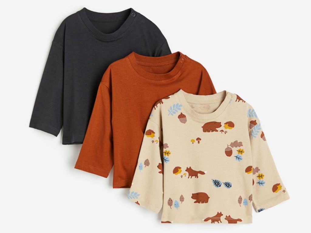 3 Baby/Toddler long sleeve tshirts dark green, orange and tan with animals