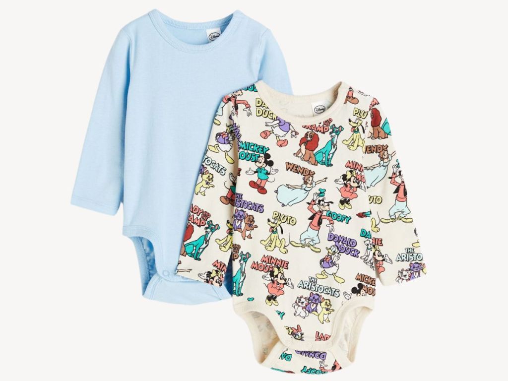 pair of baby bodysuits light blue and Disney 100 with Disney characters