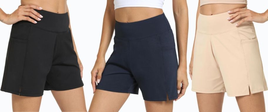 3 women wearing athletic shorts in black navy and beige