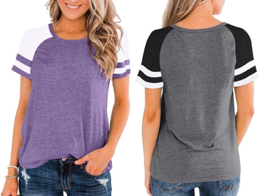 2 women wearing Heymiss Womens Casual Tunic Tops in purple and gray
