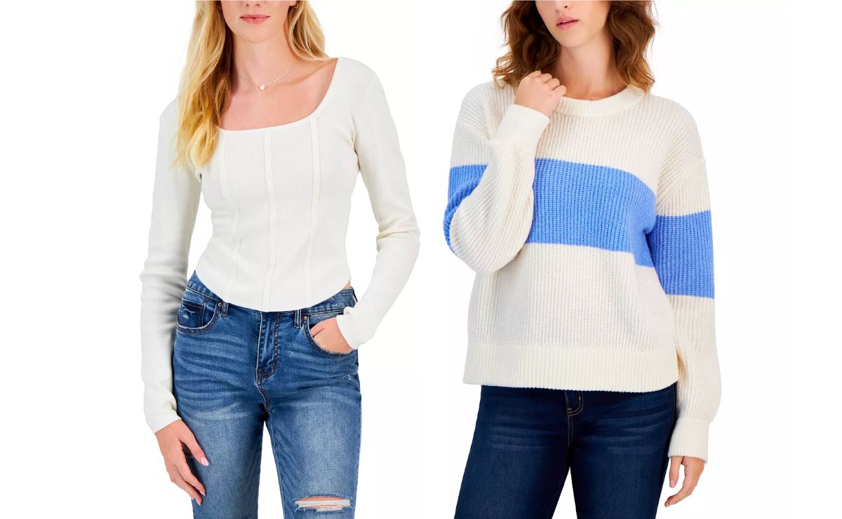 two models wearing Hippie Rose Juniors' sweaters in white and blue