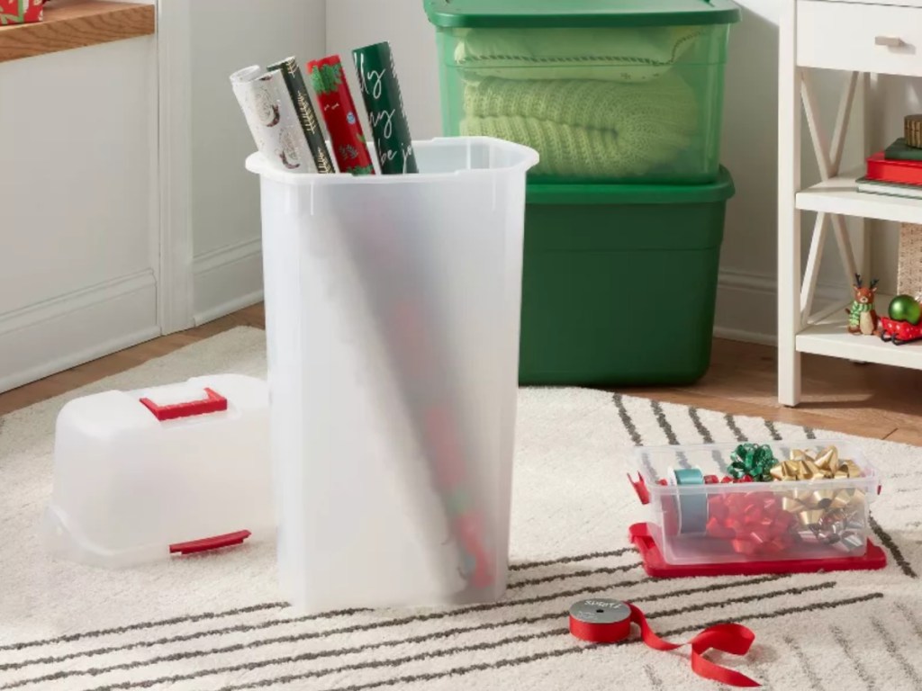 white, red and green holiday storage containers