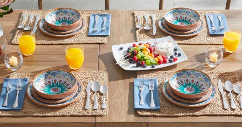 Home Decorators Collection Azria Melamine Dinnerware set up on an outdoor dining table