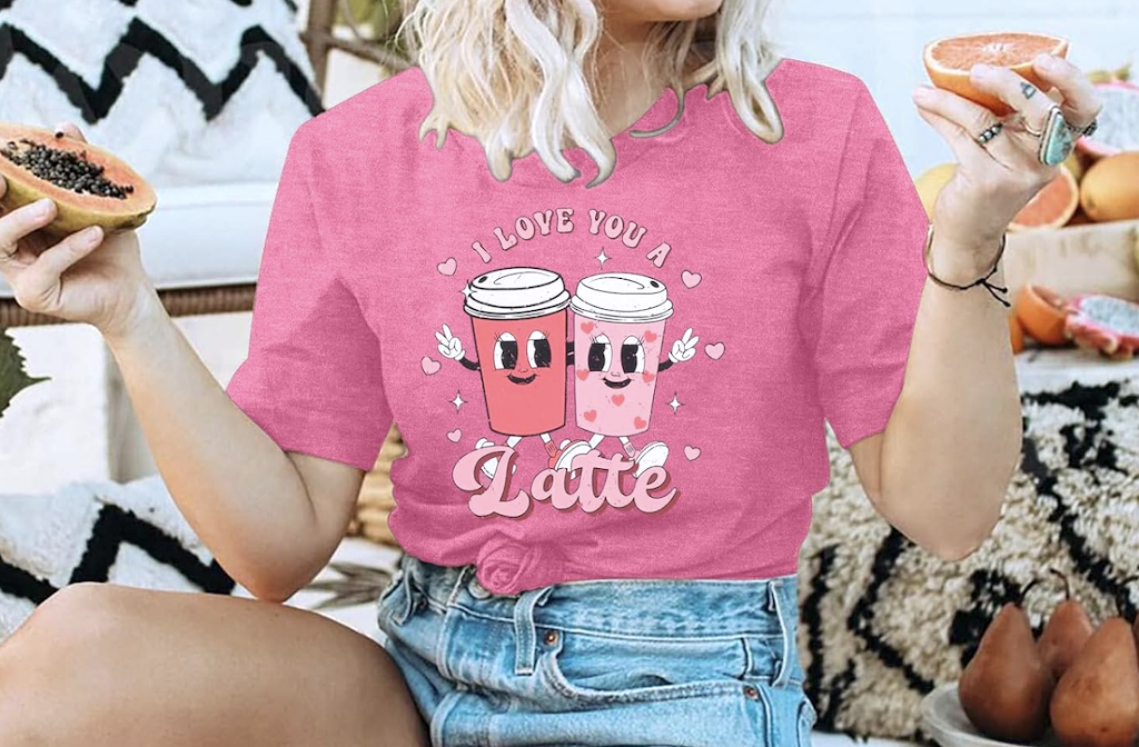 woman wearing I love you a latte graphic tee