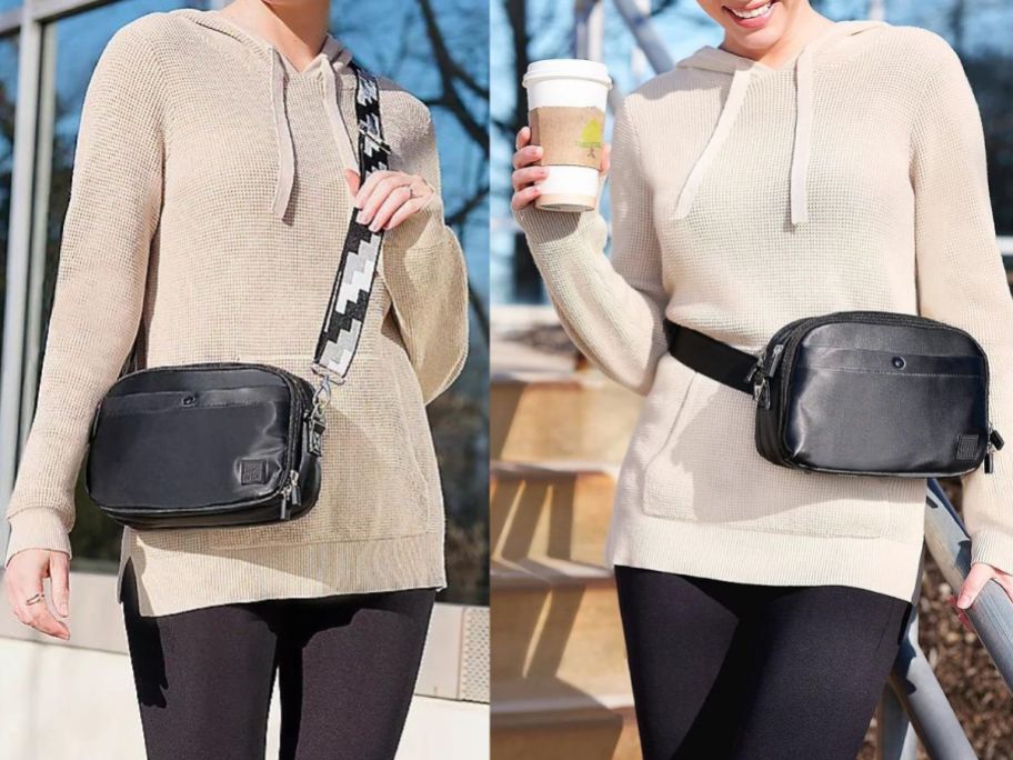 Woman wearing an IHKWIP Day to Day Convertible Crossbody bag as a purse and a belt bag