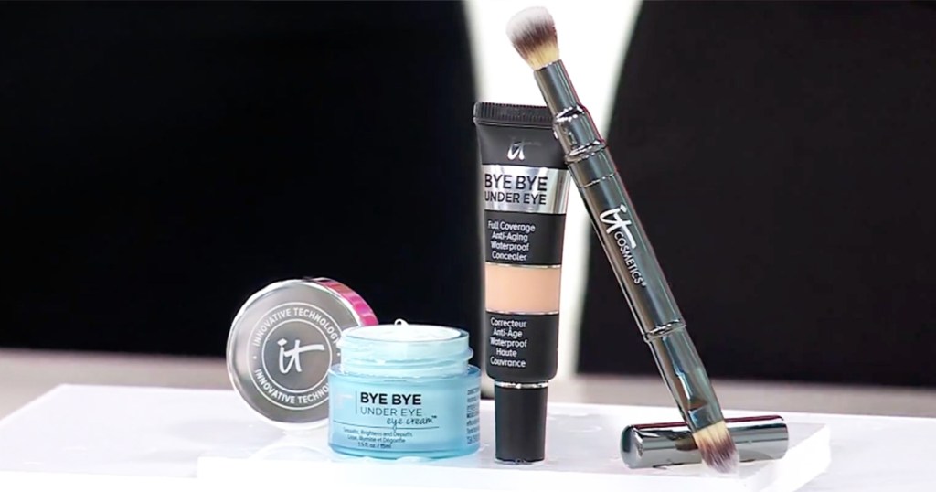 IT Cosmetics Bye Bye Under Eye Concealer, Eye Cream, and dual-ended brush on display