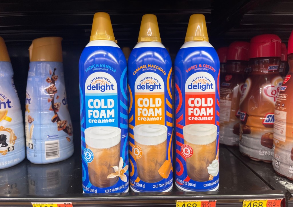a row of International Delight Cold Foams on a Walmart shelf