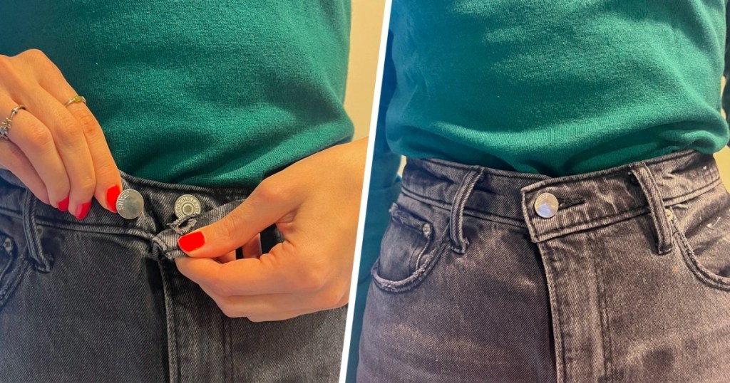 girl wearing jeans with extra button pin