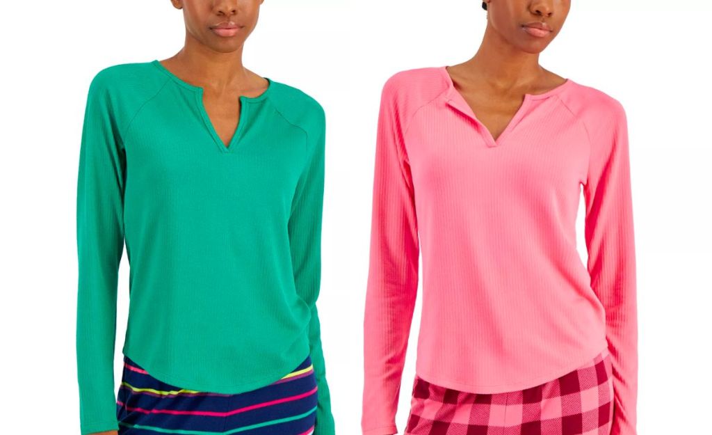 two models wearing Women's Split-Neck Pajama Tops in green and pink