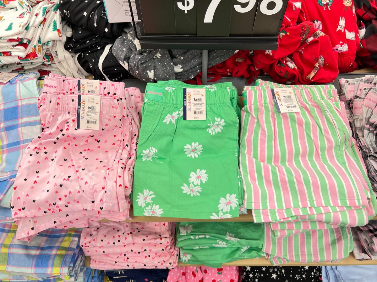 Walmart store display of colorful women's boxer shorts