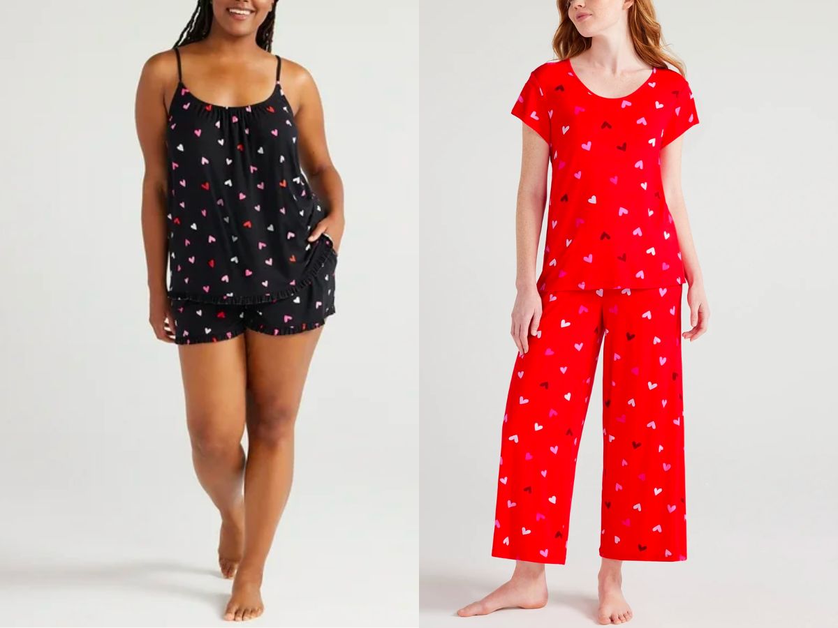 two models wearing Joyspun Women’s cami pajamas and Short Sleeve Scoop Neck pajama set with pants
