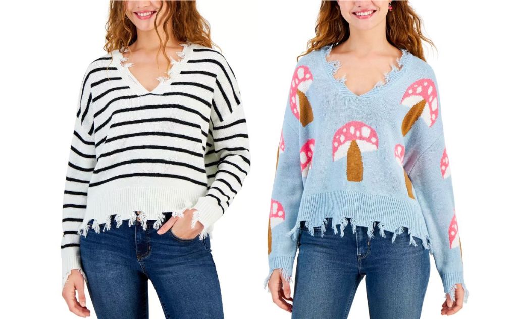 two models wear sweaters. one is blue and white horizontal striped and the other is blue with a pink mushroom motif