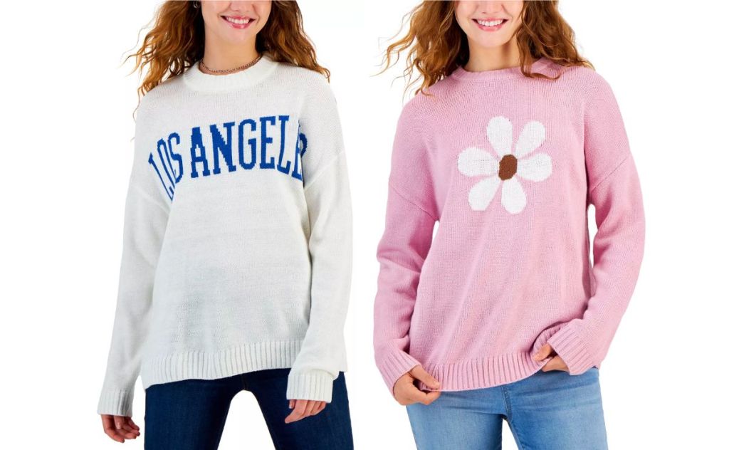 two models wearing Just Polly Juniors' Drop-Shoulder sweaters in white and pinkn