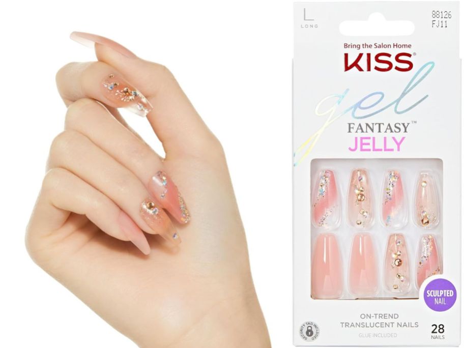 A hand wearing KISS Jelly Fantasy Press On Nails in Jelly Cat