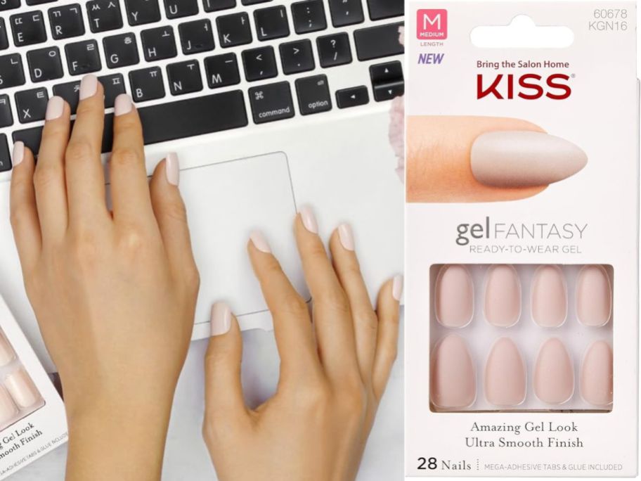 Two hands typing on a keyboard wearing KISS gel Fantasy Press On Nails in Off White