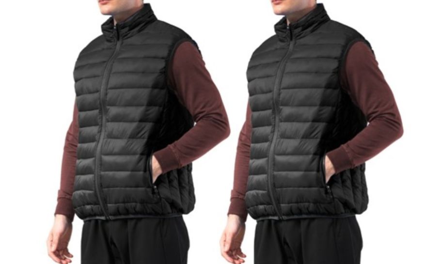2 male models wearing black puffer vests