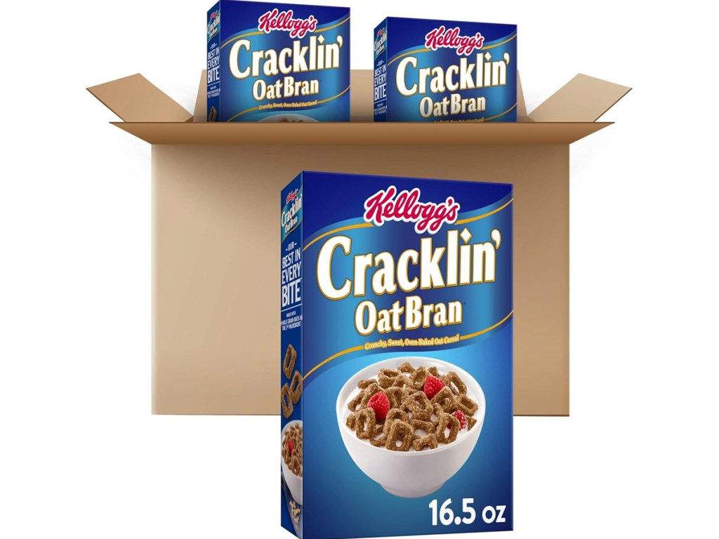 three boxes of Kellogg's Cracklin' Oat Bran Cereal near shipping box