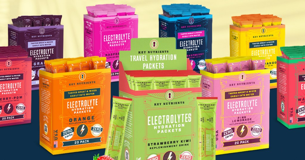boxes of multiple flavors of Key Nutrients Electrolytes Hydration Packets