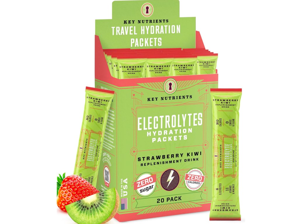 box of Key Nutrients Electrolytes Hydration Packets in Strawberry Kiwi flavor