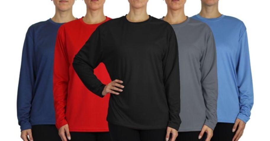 5 models wearing various colors of long sleeve crew neck tees