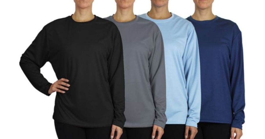 4 models wearing various colors of long sleeve crew neck tees