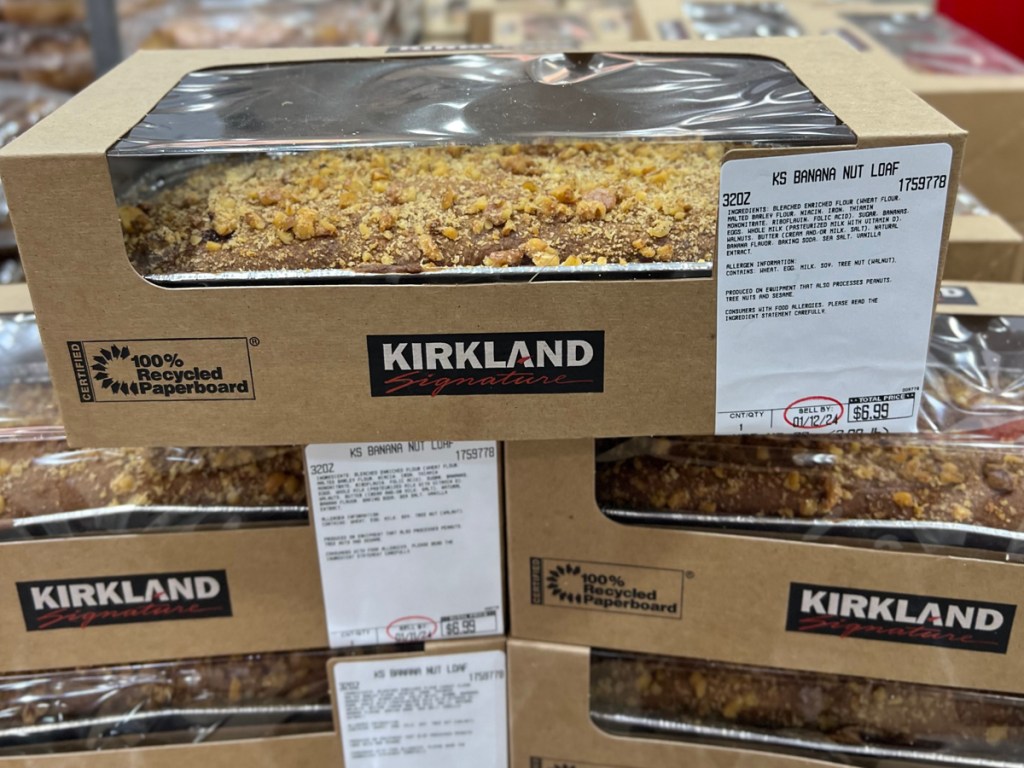 Kirkland Banana Nut Loaf stacked at Costco 