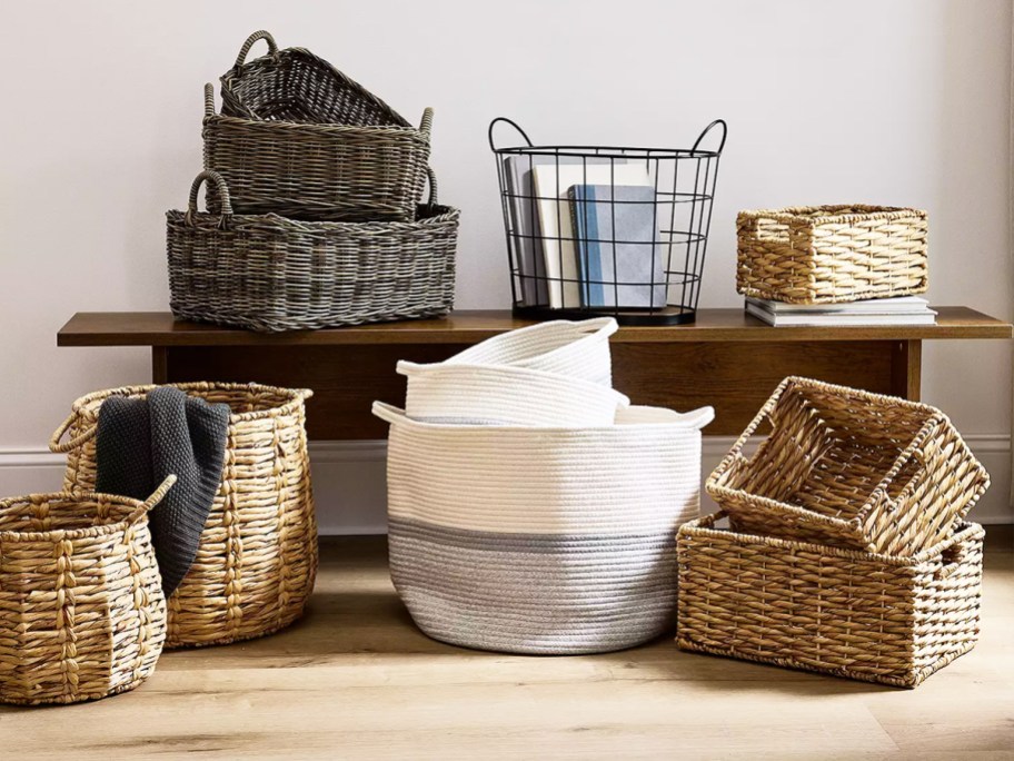 various baskets on floor and bench