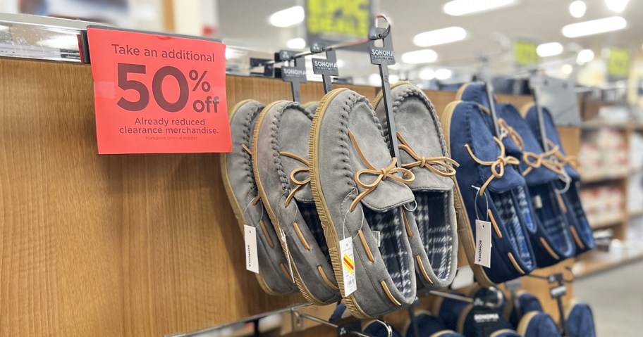 rack of men's slippers on clearance at Kohl's