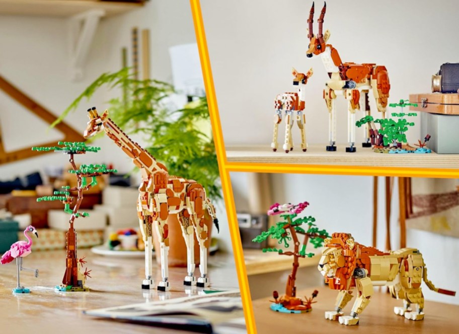 giraffe, gazelle, and lion lego building sets