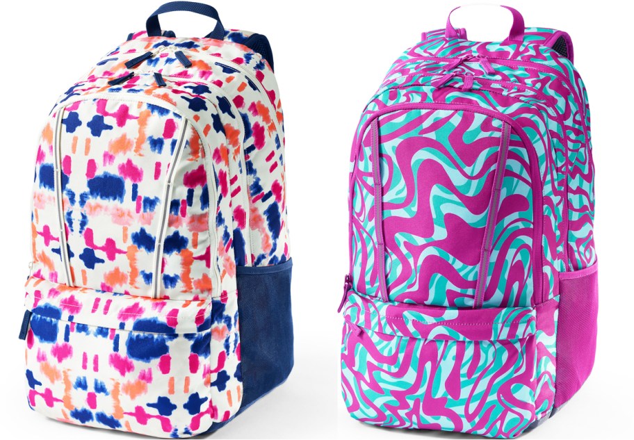 two colorful abstract print backpacks